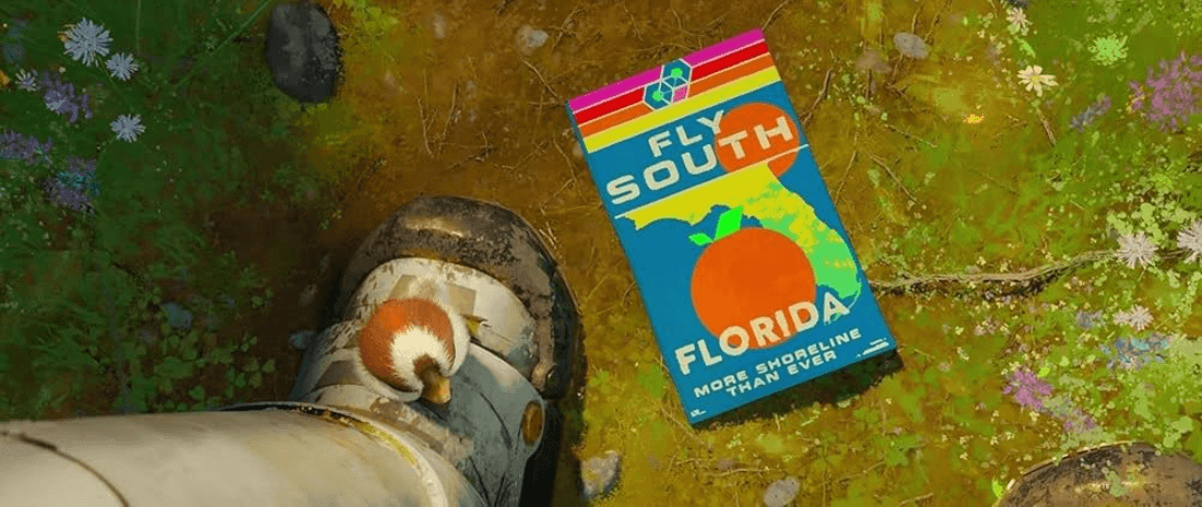 Still from The Wild Robot of a boot next to a book titled Fly South Florida More Shoreline Than Ever.